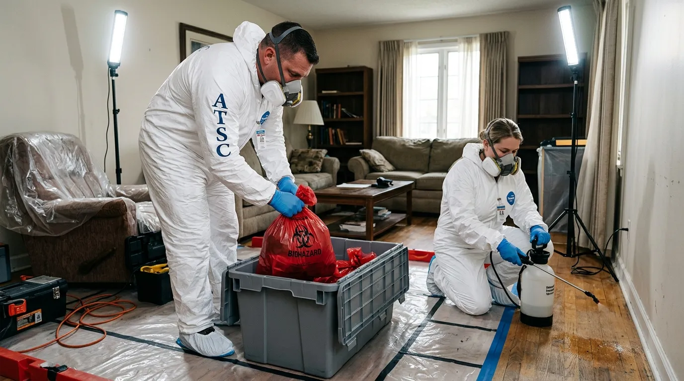 Professional Biohazard Cleanup technician in full PPE working in Highland